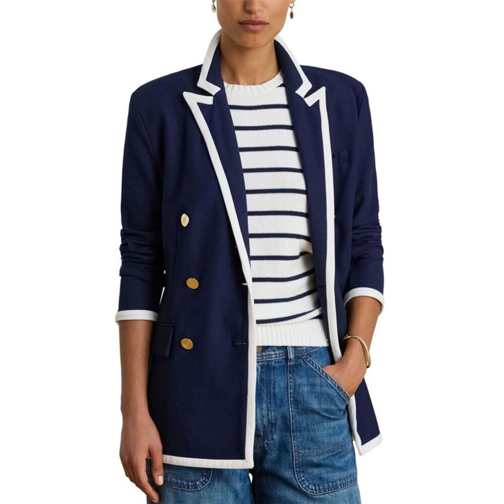 Lauren Ralph Lauren Womens Two-Tone Double-Breasted Piqué Blazer 12 Navy/White - Picture 2 of 6